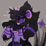 absurd_res animal_mask anthro bdsm bodily_fluids bottomwear bubble bulge clothed clothing digital_media_(artwork) drooling drunk drunk_bubble ear_piercing ear_ring english_text fakemon fan_character fangs felid feline fog fur genital_fluids gold_(metal) gold_ear_ring grey_background hi_res leaking_precum looking_at_viewer male mammal mask muscular muscular_anthro muscular_male muscular_sub nintendo nipples paws petplay piercing pleading_eyes pokemon pokemon_(species) precum pup_gear pup_mask puppyplay purple_body purple_fur purring purring_cat raised_paw ring_piercing roleplay sadl040 saliva simple_background solo submissive substance_intoxication tail tail_motion tailwag teeth text underwear volkner_(volknerthelux)