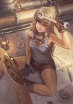  blonde_hair boots gloves goggles goggles_around_neck highres holding kty_(jarijarikun) lantern long_hair one_eye_closed original pipes purple_eyes short_shorts shorts sitting solo steampunk tank_top wrench 