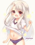  :d bangs blue_buruma blush buruma eyebrows_visible_through_hair fate/stay_night fate_(series) grey_background gym_shirt gym_uniform hair_between_eyes illyasviel_von_einzbern long_hair looking_at_viewer marshmallow_mille navel open_mouth red_eyes shirt shirt_lift short_sleeves silver_hair simple_background smile solo star stomach twitter_username very_long_hair white_shirt 