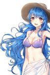  :d bikini blue_hair blush breasts brown_hat cleavage collarbone cowboy_shot curly_hair eyebrows_visible_through_hair floating_hair hat highres long_hair medium_breasts navel open_mouth original puckjjick_(belbesi19) purple_bikini red_eyes sarong see-through shiny shiny_skin simple_background smile solo standing star star-shaped_pupils sun_hat swimsuit symbol-shaped_pupils very_long_hair white_background 