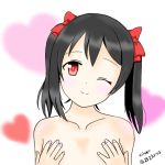  10s 1girl black_hair blush bow covering covering_chest flat_chest hair_bow head_tilt heart looking_at_viewer love_live! love_live!_school_idol_project medium_hair nude one_eye_closed red_eyes silver_(252aries) smile solo tied_hair twintails upper_body wink yazawa_nico 