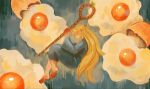 2026 5_fingers 5_toes abstract_background arms_bent barefoot bent_legs big_hair biped blonde_hair braided_hair clothed clothing colored delicious_in_dungeon digital_media_(artwork) digital_painting_(artwork) dress egg_yolk eggshell elf eyes_closed feet female fingers full-length_portrait hair hi_res holding_object holding_staff homulillybun humanoid humanoid_pointy_ears long_hair marcille_donato not_furry painting_(artwork) plantigrade pointy_ears portrait raised_hands reclining red_hair_bow shaded side_view simple_background solo staff straight_hair tan_body teal_background teal_clothing teal_dress toes