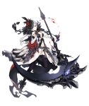  asymmetrical_hair blood bloody_clothes blue_eyes breasts elbow_gloves eyebrows_visible_through_hair feather_trim flower full_body garter_straps gloves holding holding_weapon huge_weapon ji_no looking_at_viewer medium_breasts navel_cutout official_art rose scythe sinoalice snow_white_(sinoalice) solo thighhighs transparent_background weapon white_hair 