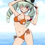  anchovy armband armpits arms_up ass_visible_through_thighs bangs bikini black_ribbon blue_sky breasts cloud cloudy_sky commentary contrapposto cowboy_shot day drill_hair eyebrows_visible_through_hair girls_und_panzer green_hair grin hair_ribbon holding kari_okome leaning_to_the_side long_hair looking_at_viewer medium_breasts one_eye_closed orange_bikini outdoors print_bikini red_eyes ribbon riding_crop side-tie_bikini skindentation sky smile solo standing swimsuit twin_drills twintails twitter_username v-shaped_eyebrows 