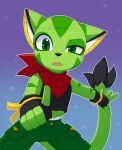 anthro black_clothing black_gloves black_handwear black_topwear bottomwear carol_tea clothing felid feline felis female fingerless_gloves freedom_planet fur galaxytrail gesture gloves green_body green_bottomwear green_clothing green_eyes green_fur green_shorts hand_gesture handwear hi_res mammal marleyskydye pointing red_scarf scarf shorts solo striped_body striped_fur stripes topwear wildcat