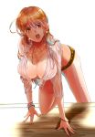  bent_knees bracelet breasts earrings female high_resolution jewelry large_breasts light_background long_hair looking_ahead looking_down nail_polish nami_(one_piece) necklace one_piece open_mouth orange_eyes orange_hair piercing pixiv_id_5838091 shirt simple_background solo water water_droplets wet wet_hair white_background 