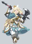  absurdres axe black_gloves blonde_hair blue_eyes bow charlotte_(fire_emblem_if) commentary commission crown fire_emblem fire_emblem_cipher fire_emblem_if gloves grey_background hair_bow highres holding holding_axe kohiu long_hair long_sleeves simple_background solo tongue tongue_out white_bow white_legwear 