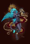  2016 5_fingers anthro areola blue_feathers blue_hair blue_nose breasts cat digital_media_(artwork) eyelashes feathered_wings feathers feline female hair hybrid mammal moon-s nipples nude solo wings yellow_eyes 