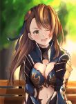  8rk9 ;d absurdres beatrix_(granblue_fantasy) blurry blurry_background breasts brown_eyes brown_hair cleavage day floating_hair granblue_fantasy head_tilt highres long_hair medium_breasts midriff navel one_eye_closed open_mouth outdoors smile solo stomach upper_body 