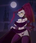  1girl breasts castle gruftine herny large_breasts long_hair monster_girl moon panties pointy_ears ponytail red_hair school_for_vampires smile thighhighs underwear vampire yellow_sclera 