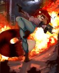  2016 5_fingers anthro blue_eyes clothed clothing digital_media_(artwork) eyelashes female gun holding_object holding_weapon mammal moon-s open_mouth ranged_weapon red_panda solo teeth tongue weapon 