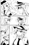  azur_lane black_coat blush breasts cleavage coat collared_shirt commentary_request cowboy_hat enterprise_(azur_lane) greyscale hat highres hornet_(azur_lane) imagawa_akira large_breasts long_hair monochrome multiple_girls necktie open_mouth peaked_cap shirt sleeveless translation_request twintails very_long_hair 