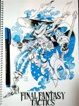  belt belt_buckle black_mage black_mage_(fft) book buckle cloak dated final_fantasy final_fantasy_tactics fingerless_gloves fire gloves greaves hat highres holding holding_weapon photo poch4n scarf shaded_face signature sketch solo spot_color staff weapon witch_hat 