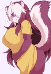  1girl furry multicolored_hair neguchi69 purple_eyes purple_hair skunk solo sweater two-tone_hair white_hair 