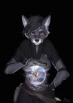  2016 5_fingers anthro black_hair black_nose breasts canine clothed clothing digital_media_(artwork) dog female fur grey_fur hair mammal moon-s red_eyes solo standing tarja_esterdottir 