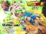  2boys aura blank_eyes blue_eyes blue_hair boots broly_(dragon_ball_super) calendar_(medium) character_name clenched_hand copyright_name dated december dirty dirty_clothes dirty_face dougi dragon_ball dragon_ball_super dragon_ball_super_broly fighting_stance fingernails frown green_hair height_difference incoming_punch looking_at_another looking_up male_focus multiple_boys muscle nipples official_art profile scar serious shirtless short_hair son_gokuu spiked_hair super_saiyan_blue teeth torn_clothes wristband 