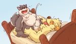  anal bed blush canine cowgirl_position cum cum_while_penetrated cusith dog hands-free male male/male mammal moritaka nipples on_top orgasm penetration raburigaron sex slightly_chubby tokyo_afterschool_summoners tongue 