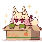  :o animal_ear_fluff animal_ears bangs blonde_hair blush box cardboard_box eyebrows_visible_through_hair fox_ears fox_girl fox_tail green_shirt hair_between_eyes hair_bun hair_ornament hands_up in_box in_container kemomimi-chan_(naga_u) long_sleeves looking_at_viewer mikan_box minigirl naga_u original parted_lips red_eyes shadow shirt sidelocks sleeves_past_fingers sleeves_past_wrists solo sparkle tail tail_raised translated white_background 