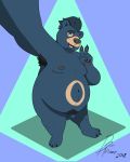  2018 absurd_res animal_genitalia anthro armpit_hair balls baron_montesque bear beard belly big_belly blue_fur blue_hair claws digital_media_(artwork) facial_hair fur hair hi_res hyper hyper_belly looking_at_viewer male mammal mohawk monty_(character) navel nipples nude open_mouth overweight overweight_male paws pubes selfie sheath simple_background slightly_chubby smile solo spectacled_bear standing teeth v_sign 