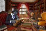  2016 5_fingers absurd_res anthro black_hair black_nose blue_eyes book bookshelf canine chair clothed clothing detailed_background digital_media_(artwork) dog eyewear glasses hair hi_res male mammal moon-s smile solo suit sunlight 