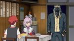  1girl 2boys bangs black_gloves bow bowtie cellphone chair collared_shirt couple dish door fingerless_gloves food formal gloves grey_pants grey_suit hetero hibiki_yuuta holding holding_cellphone holding_phone jacket long_hair long_sleeves mask max_(ssss.gridman) multiple_boys open_clothes open_jacket pants phone pink_bow pink_hair pink_neckwear purple_jacket red_eyes red_hair school_uniform shinjou_akane shirt short_hair short_sleeves silver_hair sitting ssss.gridman suit table waistcoat white_shirt wing_collar yellow_shirt 