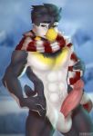  abs anori anthro avian balls beak bird black_fur erection eyebrows feathers fur grey_eyes hair half-closed_eyes hand_on_hip looking_at_viewer looking_away male mostly_nude multicolored_fur navel nonksoit penguin penis pink_penis pubes scarf short_hair solo standing tail_feathers thick_eyebrows vein veiny_penis watermark white_fur yellow_beak yellow_fur 