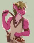  2017 5_fingers anthro brown_hair clothed clothing digital_media_(artwork) dragon hair horn male moon-s red_eyes simple_background smile standing 