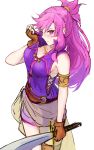  armlet bangs bare_shoulders blush breasts cleavage commentary english_commentary fingerless_gloves fire_emblem fire_emblem:_seima_no_kouseki from_above gloves highres holding holding_sword holding_weapon ippers large_breasts long_hair looking_at_viewer marica_(fire_emblem) pink_eyes pink_hair ponytail purple_eyes purple_hair purple_shirt shirt shirt_pull skirt sleeveless sleeveless_shirt solo standing sword thigh_strap thighlet weapon work_in_progress 