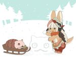  1girl 1other brown_eyes furry kawasemi27 long_hair made_in_abyss mitty_(made_in_abyss) nanachi_(made_in_abyss) snow snowing white_hair 