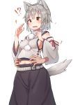  1girl animal_ears bare_shoulders belly_rub belt belt_buckle black_skirt blush breasts buckle cleavage detached_sleeves disembodied_limb eyebrows_visible_through_hair feet_out_of_frame grey_hair hands_up highres inubashiri_momiji long_skirt long_sleeves mamemochi midriff navel open_mouth pom_pom_(clothes) red_eyes red_ribbon ribbon shirt short_hair sideboob simple_background skirt small_breasts solo_focus standing tail touhou white_background white_shirt wide_sleeves wolf_ears wolf_tail 