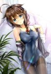  absurdres ass_visible_through_thighs bare_shoulders blue_eyes blush braid breasts brown_eyes brown_hair closed_mouth hair_flaps hair_ornament head_tilt highres indoors jewelry kantai_collection kotatsu_(kotatsu358) leaf long_hair looking_at_viewer medium_breasts off_shoulder pantyhose pantyhose_under_swimsuit plant remodel_(kantai_collection) ring scan shigure_(kantai_collection) shiny shiny_hair shiny_skin sidelocks swimsuit undressing wedding_band 