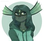  2018 anthro anxiouspossum black_nose black_scales blue_eyes breasts clothed clothing digital_media_(artwork) ear_fins female fin gem green_hair green_scales hair hi_res hoodie long_hair looking_at_viewer marine merfolk miren multicolored_scales non-mammal_breasts scales scalie simple_background smile solo two_tone_ears two_tone_scales 
