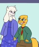  alphys blush boss_monster buckteeth caprine clothing deltarune dress eyewear female female/female glasses goat goatboyalex green_eyes hand_holding jewelry mammal necklace necktie overweight overweight_female red_eyes romantic_couple scalie size_difference slightly_chubby teeth toriel undertale video_games 
