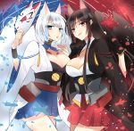  akagi_(azur_lane) animal_ears azur_lane bangs black_kimono blunt_bangs blush breasts cleavage commentary_request eyeliner eyeshadow fox_ears fox_girl fox_mask fox_tail gloves hakama_skirt highres holding holding_mask japanese_clothes kaga_(azur_lane) kimono kitsune long_hair makeup mask multiple_girls multiple_tails partly_fingerless_gloves red_eyes red_skirt saibi skirt tail white_hair white_kimono wide_sleeves 