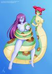  2girls breasts coiled green_nipples green_skin lamia large_breasts long_hair monster_girl multiple_girls nipples nude oo_sebastian_oo patreon_username purple_hair purple_skin red_hair risky_boots shantae shantae:_half-genie_hero shantae_(series) signature snake tuki_(shantae) twintails very_long_hair yellow_sclera yuri 