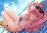  animal_ears barefoot beach bikini blush bow breasts clouds fate/extra fate_(series) foxgirl keikei_(kitty_colors) long_hair navel pink_hair sky swimsuit tail tamamo_no_mae_(fate) water wink wristwear yellow_eyes 