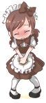  1girl apron bangs black_footwear blush bow bowtie brown_bow brown_hair brown_neckwear crying embarrassed eyebrows_visible_through_hair eyes_closed female flat_chest full_body hair_bow hands_together have_to_pee maid maid_apron maid_headdress mary_janes moettotsushinsha nose_blush open_mouth original pantyhose peeing peeing_self pigeon-toed puddle shiny shiny_hair shoes short_sleeves solo standing swept_bangs tears tied_hair transparent_background v_arms wet wet_clothes white_apron white_legwear 