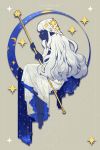  barefoot black_skin closed_eyes crescent_moon crossed_legs dress french from_side full_body hair_ornament highres long_dress long_hair moon original pointy_ears rye-beer simple_background solo staff star star_hair_ornament toes white_dress 