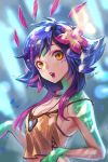  1girl breasts cleavage flower hair_flower hair_ornament league_of_legends lizard_girl lizard_tail multicolored_hair neeko_(league_of_legends) short_hair solo tail yellow_eyes 