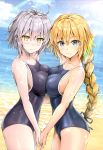  3: absurdres ahoge bangs beach blonde_hair blue_eyes blush bow braid breast_press breasts cleavage closed_mouth cloud cloudy_sky collarbone competition_school_swimsuit cowboy_shot day eyebrows_visible_through_hair fate/grand_order fate_(series) hair_bow hair_ribbon highres holding_hands interlocked_fingers jeanne_d'arc_(alter)_(fate) jeanne_d'arc_(fate) jeanne_d'arc_(fate)_(all) kotatsu_(kotatsu358) large_breasts lips long_hair looking_at_viewer multiple_girls ocean one-piece_swimsuit outdoors pale_skin purple_swimsuit ribbon scan shiny shiny_clothes shiny_skin sideboob silver_hair single_braid sky sunlight swimsuit symmetrical_docking v-shaped_eyebrows water yellow_eyes 