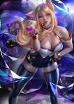  ahri animal_ears bare_shoulders blonde_hair bracelet braid breasts choker cleavage double_bun earrings eyeshadow fox_ears fox_tail heart heart_choker heart_earrings idol jewelry k/da_(league_of_legends) k/da_ahri k/da_kai'sa kai'sa large_breasts league_of_legends leaning_forward lipstick long_hair looking_at_viewer makeup microphone midriff multiple_girls multiple_tails navel open_mouth pants purple_hair signature single_earring solo_focus standing tail teeth thighhighs whisker_markings wind yellow_eyes zumi_(zumidraws) 