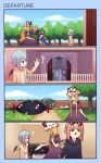  4koma 6+girls :d :o ? alternate_costume ascot bat_wings black_sweater blonde_hair blue_hair blue_pants casual comic commentary day detached_wings door dress eyewear_on_head flandre_scarlet gap gate grass hat hat_ribbon highres hong_meiling hood hood_down hooded_sweater hug indoors izayoi_sakuya koakuma luggage mini_wings mob_cap multiple_girls open_mouth orange_cardigan outdoors pants patchouli_knowledge pointy_ears puffy_short_sleeves puffy_sleeves purple_dress red_eyes remilia_scarlet ribbon shirt shoes short_hair short_sleeves siblings side_ponytail sidelocks sisters sky smile sneakers sunglasses sweater touhou tree upper_body wall waving white_dress wings yakumo_yukari yoruny 