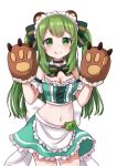  :p animal_ears animare apron arm_garter armpit_crease bangs bare_shoulders bear_ears bear_girl bear_paws blush bow bowtie breasts choker cleavage closed_mouth commentary_request cowboy_shot crop_top cross-laced_clothes detached_collar frilled_skirt frills green green_bow green_choker green_eyes green_hair green_neckwear green_skirt hair_bow hands_up highres hinokuma_ran long_hair looking_at_viewer maid maid_apron maid_headdress maka_neko medium_breasts midriff miniskirt navel palms sidelocks simple_background skirt sleeveless smile solo standing stomach striped striped_neckwear tareme tongue tongue_out two_side_up virtual_youtuber white_background white_bow 
