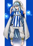  anklet aqua_(fire_emblem_if) blue_hair cape deportivo_alaves fire_emblem fire_emblem_heroes fire_emblem_if full_body highres jewelry long_hair perfectchaos shirt simple_background smile soccer_uniform solo sportswear veil yellow_eyes younger 