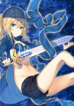  ahoge artoria_pendragon_(all) baseball_cap black_hat black_shorts blonde_hair blue_background blue_eyes blue_jacket breasts excalibur fate/grand_order fate_(series) groin hair_between_eyes hakuishi_aoi hat holding holding_sword holding_weapon jacket long_hair looking_at_viewer mysterious_heroine_xx_(foreigner) navel open_clothes open_jacket ponytail short_shorts shorts sidelocks small_breasts solo stomach sword weapon 