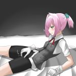  30-06 aqua_eyes bike_shorts blue_eyes blush commentary_request dress_shirt gloves grey_vest hair_ornament highres kantai_collection masturbation masturbation_through_clothing neck_ribbon pink_hair ponytail red_neckwear red_ribbon ribbon school_uniform shiranui_(kantai_collection) shirt short_hair short_ponytail short_sleeves solo vest white_gloves white_shirt 