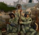  anthro armor bullet_casing canine clothed clothing dog duo ear_piercing explosives german_shepherd grenade gun helmet homogenousrule leon_schafer mammal piercing ranged_weapon riff_(riff34) rifle sitting soldier uniform weapon 