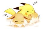  closed_eyes closed_mouth commentary_request dot_nose ears_down eevee facing_viewer fur gen_1_pokemon no_humans no_nose nya_rl pikachu pointy_ears pokemon pokemon_(creature) pokemon_(game) pokemon_lgpe shadow sleeping smile tail white_background zzz 