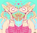  big_breasts blonde_hair bra breasts candy_gore canine clone clothing cross decapitation design female glasgow_smile green_tongue guts hair juicyghost mammal mirrored piercing ponytail satanic sibling simple_background sisters symmetry twins underwear 