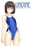  ass_visible_through_thighs black_eyes black_hair blue_swimsuit cameltoe collarbone competition_swimsuit flat_chest highres looking_at_viewer multicolored multicolored_clothes multicolored_swimsuit one-piece_swimsuit original red-framed_eyewear short_hair simple_background solo standing swimsuit takafumi white_background 
